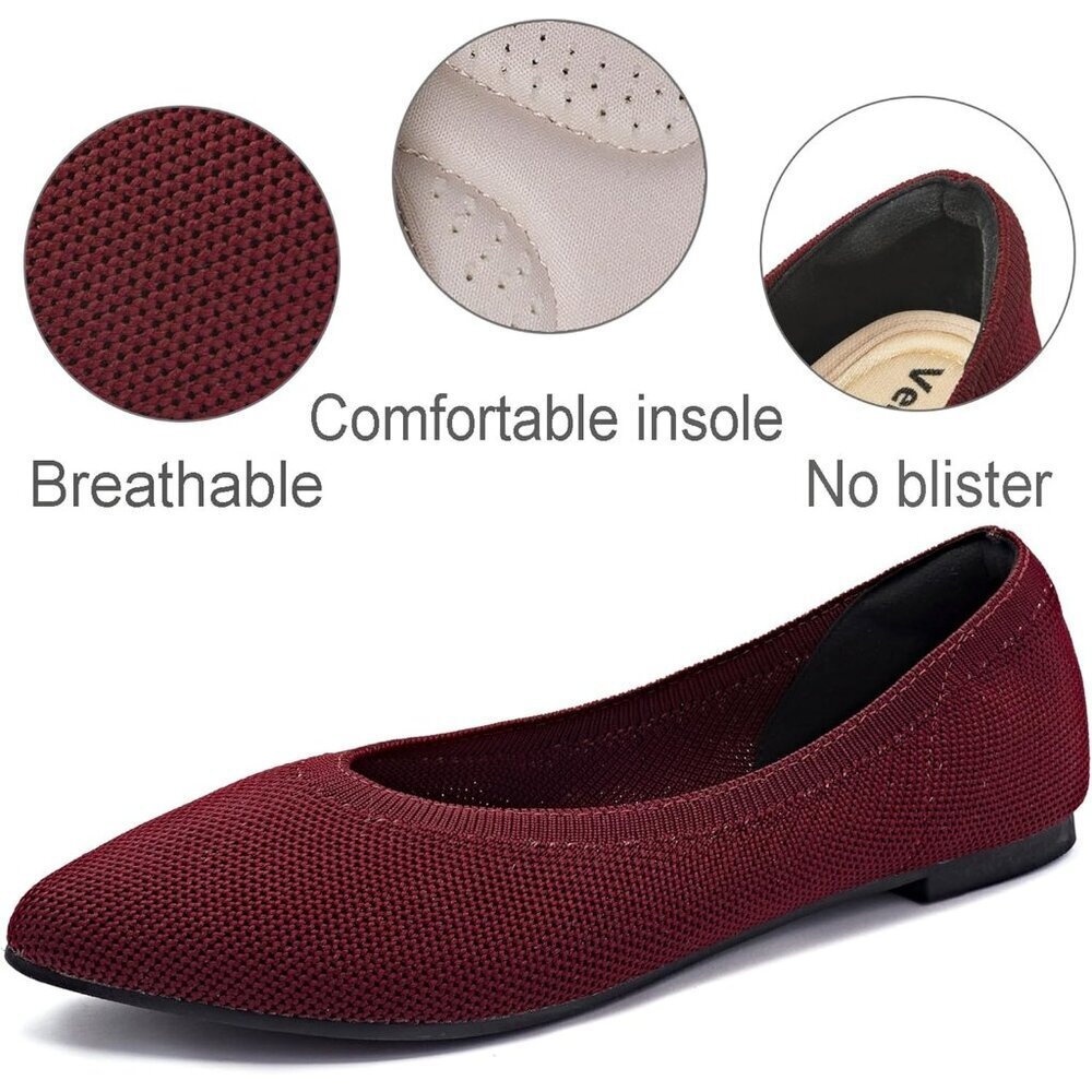 Women's Wine Red Wide Width Office Dressy Comfortable Pointed Toe Slip Flats - Picture 4 of 5